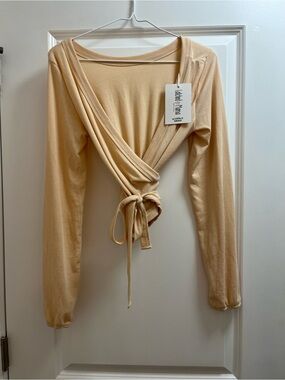 Latched Mama Ribbed Wrap Tie-Front Top in Pale Peach